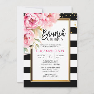Zwart Wit Waterverf Roze Bloemen Brunch & Bubbly Kaart