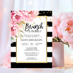 Zwart Wit Waterverf Roze Bloemen Brunch & Bubbly Kaart<br><div class="desc">Trendy en modern bewerkbare sjablonen uitnodiging voor BRUNCH & BUBBLY vrijgezellenfeest in witte en zwarte strepen. Faux gouden lijst met waterverf roze pioenen bloeien op de hoek. Alle tekst kan worden bewerkt en gewijzigd; lettertype,  kleur en grootte. Neem contact op met de ontwerper voor andere variaties of hulp.</div>