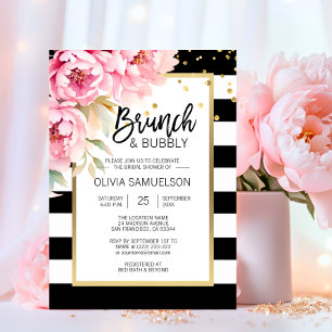 Zwart Wit Waterverf Roze Bloemen Brunch & Bubbly Kaart