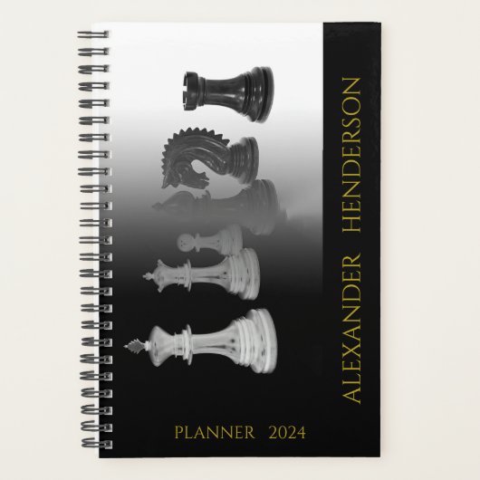  Zwart-Wit Waterverf Schaak Gouden Naam Planner (Voorkant)