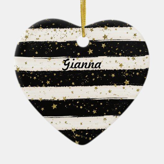 Zwart Wit Waterverf Strepen Goud Glitter Sterren Keramisch Ornament (Voorkant)