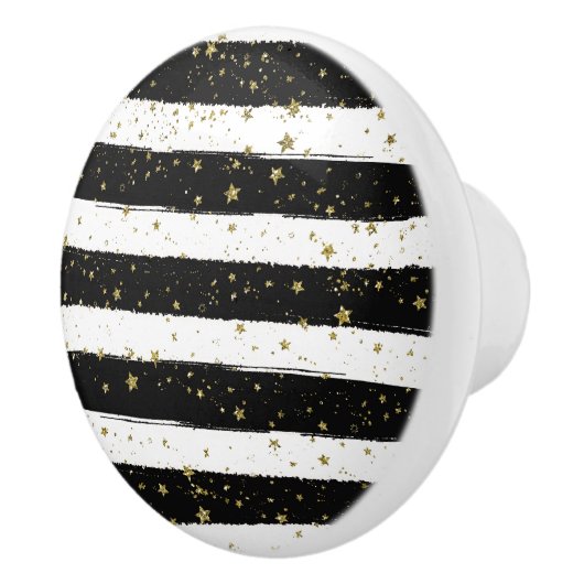 Zwart Wit Waterverf Strepen Goud Glitter Sterren Keramische Knop (Rechts)