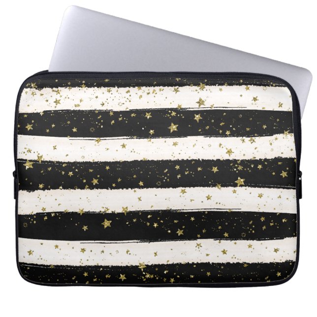 Zwart Wit Waterverf Strepen Goud Glitter Sterren Laptop Sleeve (Voorkant)