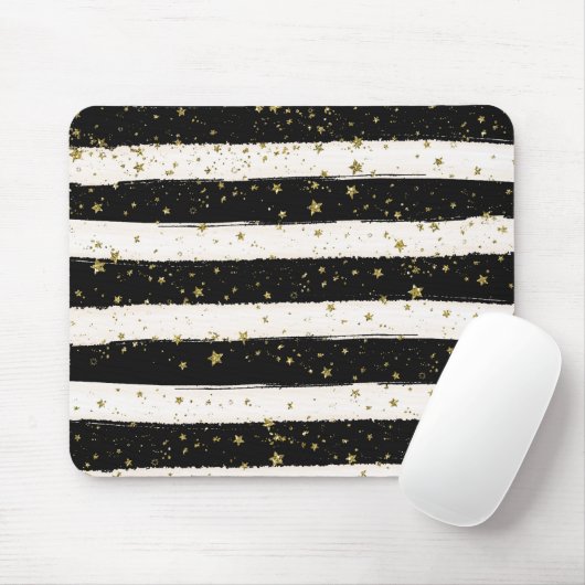 Zwart Wit Waterverf Strepen Goud Glitter Sterren Muismat (Met muis)