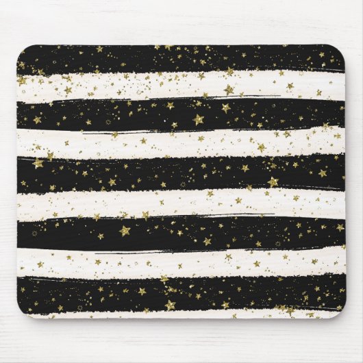 Zwart Wit Waterverf Strepen Goud Glitter Sterren Muismat (Voorkant)