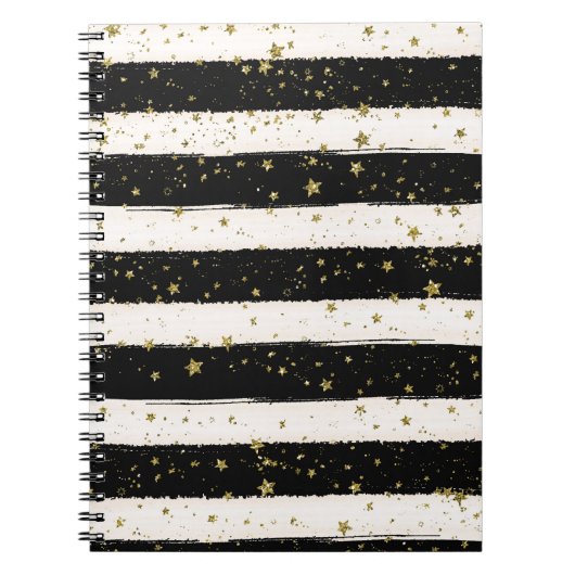 Zwart Wit Waterverf Strepen Goud Glitter Sterren Notitieboek (Voorkant)