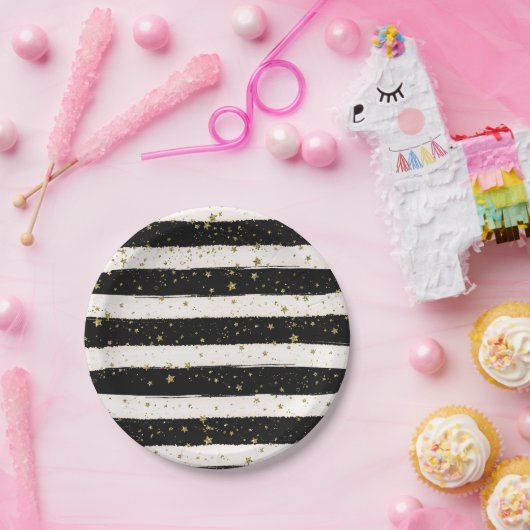 Zwart Wit Waterverf Strepen Goud Glitter Sterren Papieren Bordje (Feest)