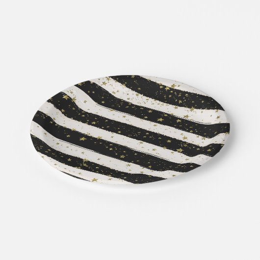 Zwart Wit Waterverf Strepen Goud Glitter Sterren Papieren Bordje (Gekanteld)