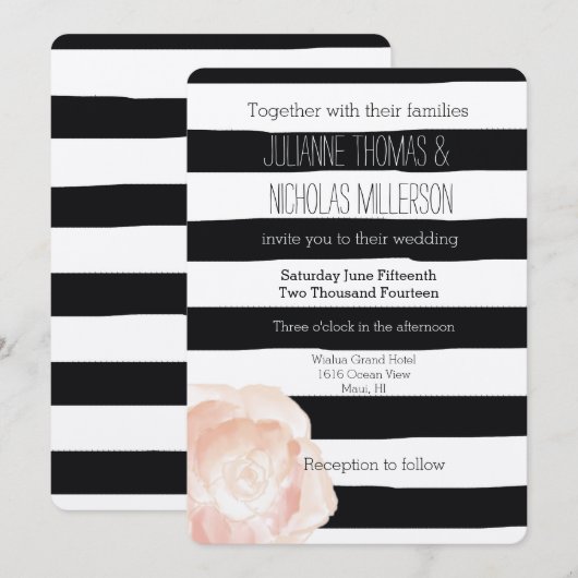 Zwart-wit Waterverf Strepen Roos Bruiloft Kaart (Voorkant / Achterkant)