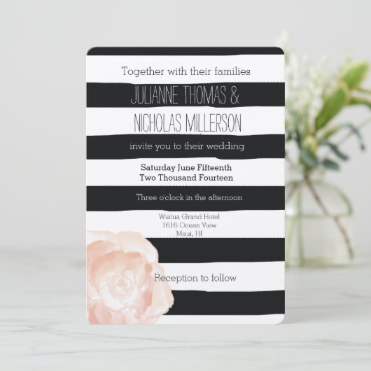 Zwart-wit Waterverf Strepen Roos Bruiloft Kaart (Staand voorkant)