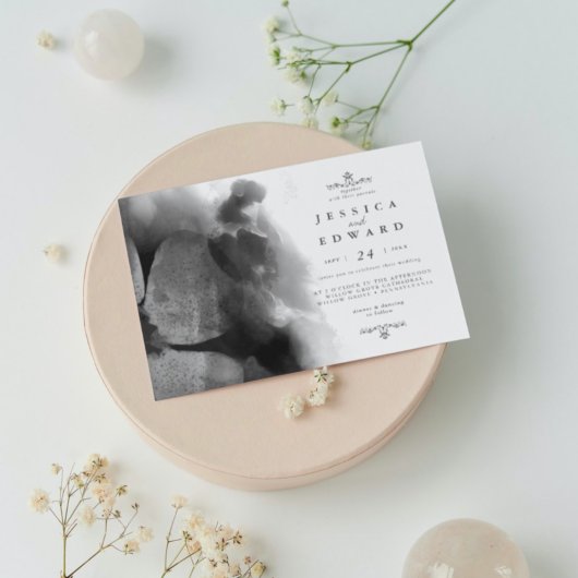 Zwart-wit waterverf vogel bloem bruiloft kaart