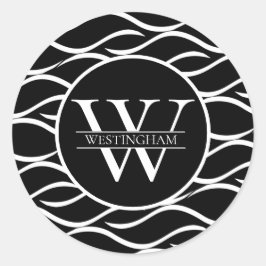 Zwart-wit Wave Patroon Monogram met Naam Ronde Sticker