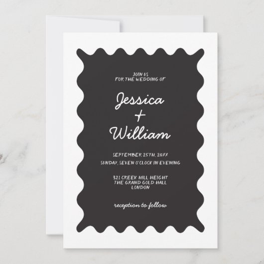 Zwart-wit Wavy Borders Handgeschreven bruiloft Kaart (Voorkant)