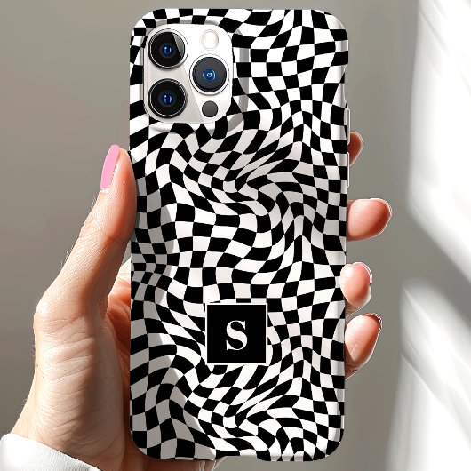 Zwart-wit Wavy Geruite Monogrammed Case-Mate iPhone Case