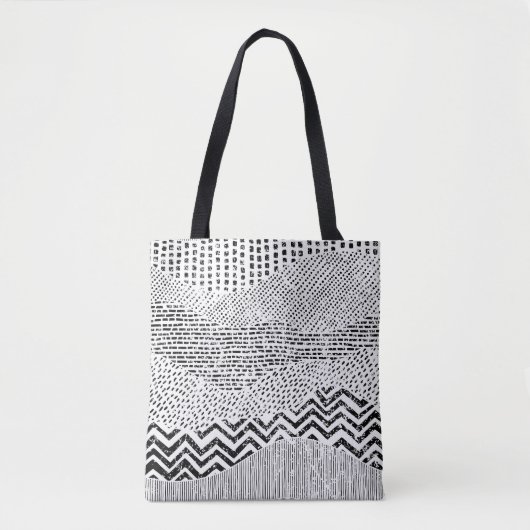 Zwart Wit Wavy Patchwork Ornament Tote Bag (Voorkant)