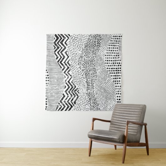 Zwart Wit Wavy Patchwork Ornament Wandkleed (In Situ (horizontaal))
