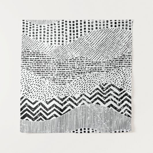 Zwart Wit Wavy Patchwork Ornament Wandkleed (Voorkant)