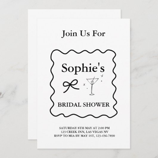 Zwart-wit Wavy Retro Vrijgezellenfeest, Martini Kaart (Voorkant / Achterkant)