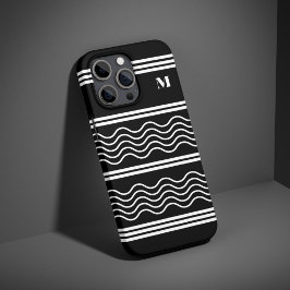 Zwart-wit Wavy Stripes Patroon Monogram iPhone 16 Pro Hoesje