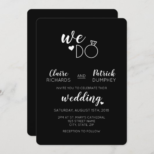 Zwart & Wit We Do Typografie Trouw Uitnodiging (Voorkant / Achterkant)