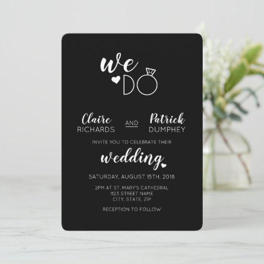 Zwart & Wit We Do Typografie Trouw Uitnodiging (Staand voorkant)