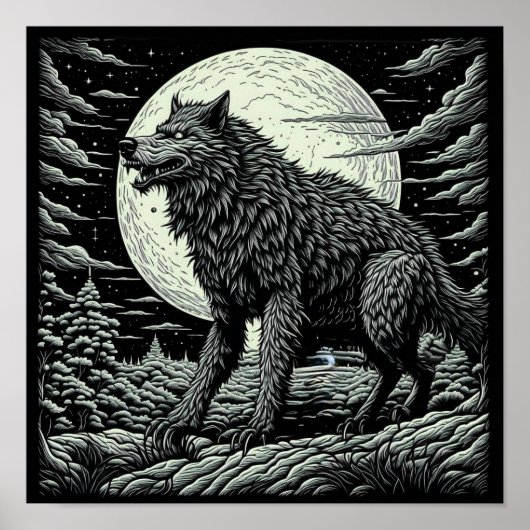Zwart-wit  Weerwolf Ai Art Poster (Voorkant)