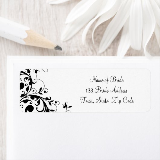 Zwart wit werveling bruiloft retour adres label (Insitu)