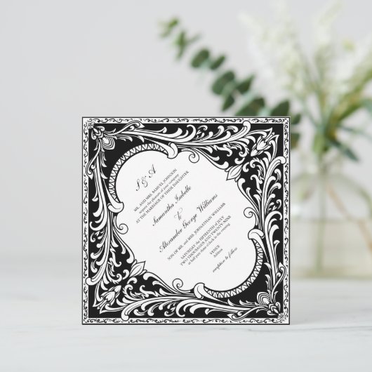 Zwart & Wit Western Lijst bruiloft Kaart (Staand voorkant)