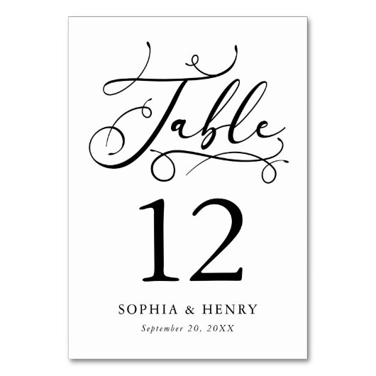 Zwart-wit Whimsical Calligraphy Table Number Kaart (Voorkant)