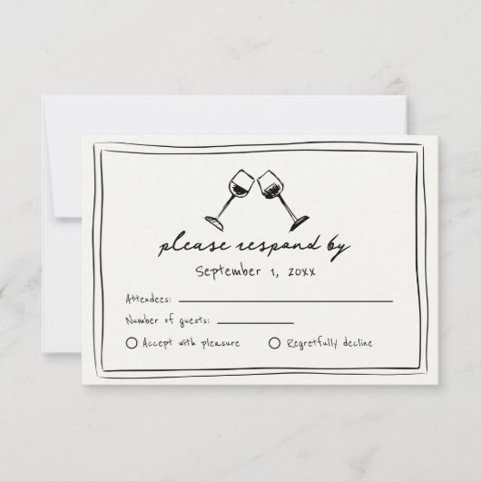 Zwart-wit Whimsical Hand getrokken wijn bruiloft RSVP Kaartje (Voorkant)