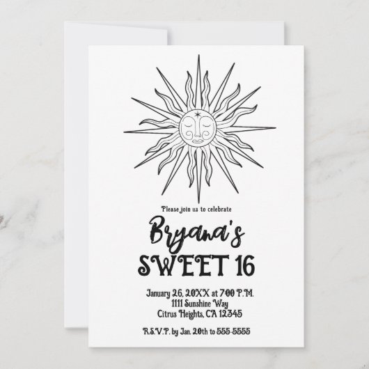 Zwart & Wit Whimsical Zon Celestial Sweet 16 Kaart (Voorkant)