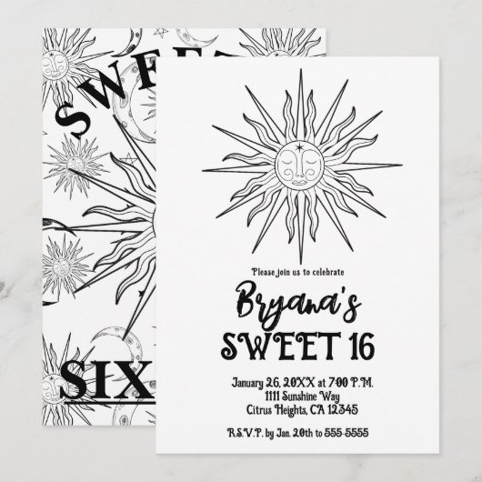 Zwart & Wit Whimsical Zon Celestial Sweet 16 Kaart (Voorkant / Achterkant)