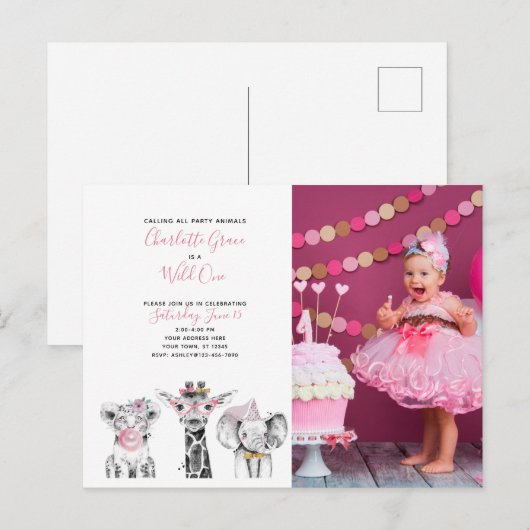Zwart Wit Wild Een Meisje's Eerste Verjaardag Foto Uitnodiging Briefkaart (Voorkant / Achterkant)