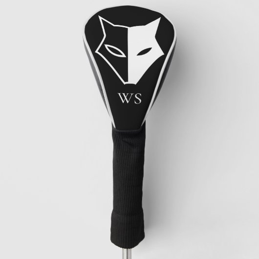 Zwart-wit Wild Fox Head Monogram Initiaal Golfheadcover (Voorkant)