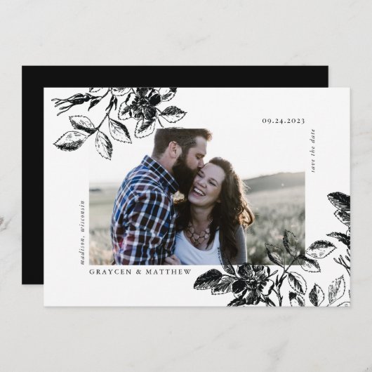 Zwart-wit Wild Roos Modern Elegance Save The Date (Voorkant / Achterkant)