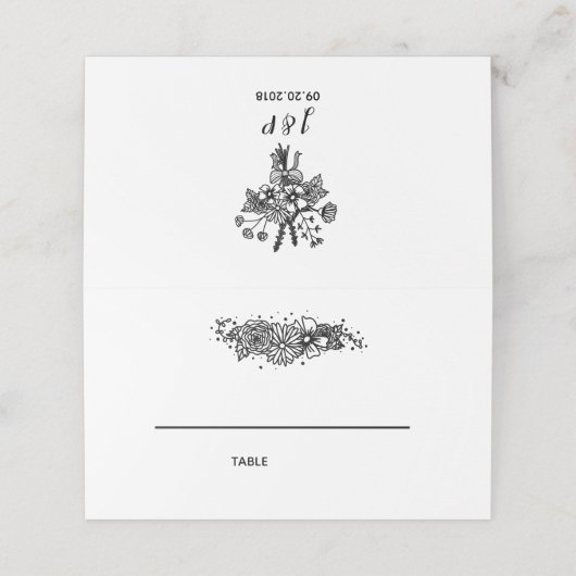 Zwart-wit Wildbloemen Gevouwen Place Card Plaatskaartje (Buitenkant ongevouwen)