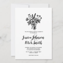 Zwart-wit wildbloemen-huwelijksuitnodiging