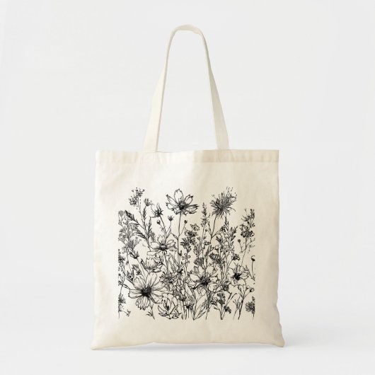 Zwart-wit Wildbloemen Tote Bag (Voorkant)