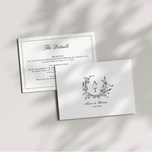Zwart & Wit Wilde Bloem Monogram Details Kaart