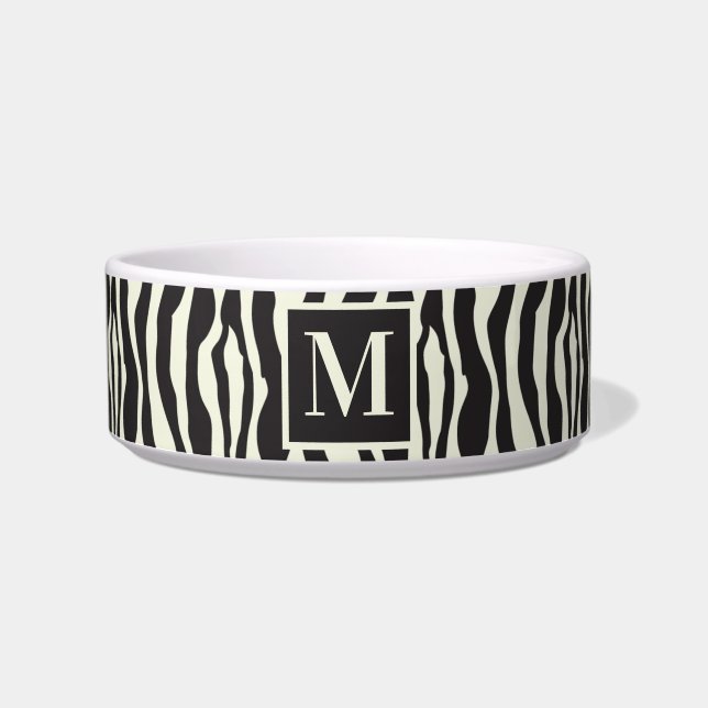 Zwart-wit Wilde Exotische Zebra Afdrukmonogram Voerbakje (Voorkant)