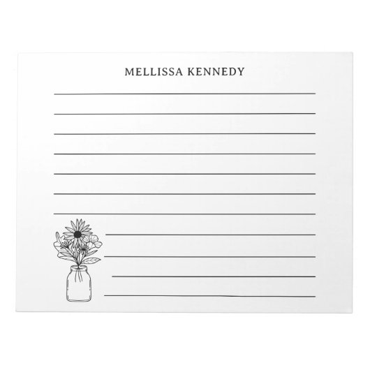 Zwart-wit Wildflower Aangepaste naam Lined Notitieblok (Voorkant)