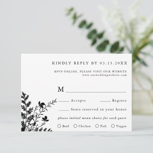 Zwart & Wit Wildflower Bruiloft Maaltijd Keuze RSVP Kaartje (Staand voorkant)