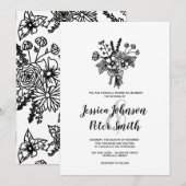 Zwart-wit Wildflower bruiloft uitnodiging (Voorkant / Achterkant)