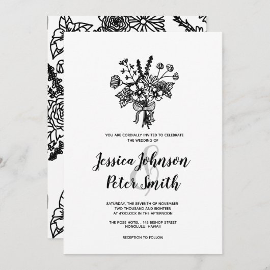 Zwart-wit Wildflower bruiloft uitnodiging (Voorkant / Achterkant)