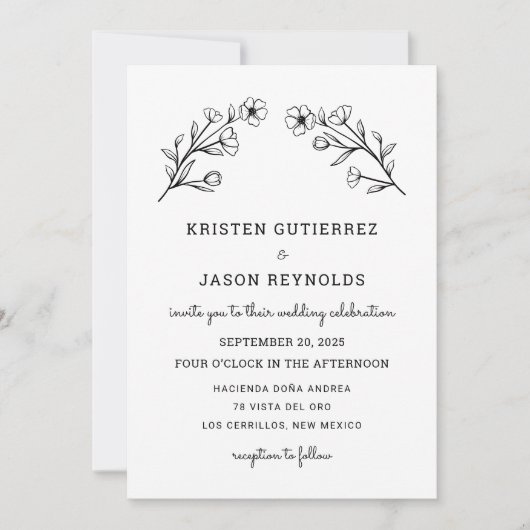 Zwart-wit Wildflower bruiloft uitnodiging (Voorkant)