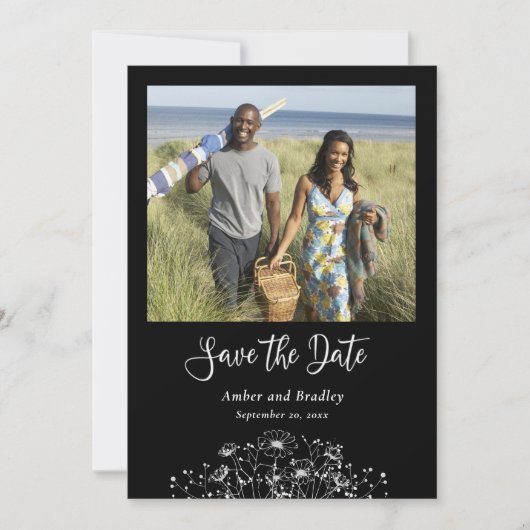 Zwart Wit Wildflower Chique Foto QR Code Bruiloft Kaart (Voorkant)