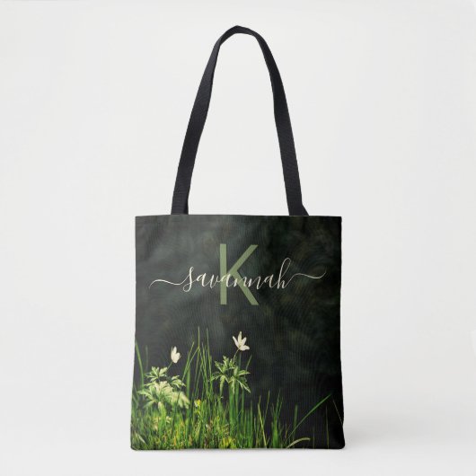 Zwart wit wildflower monogram naam script tote bag (Voorkant)