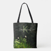 Zwart wit wildflower monogram naam script tote bag (Achterkant)