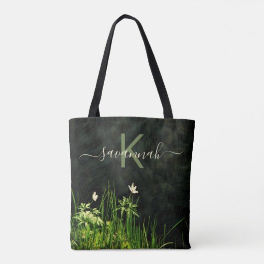 Zwart wit wildflower monogram naam script tote bag (Achterkant)