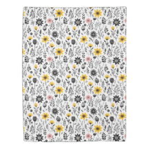 Zwart-wit Wildflower Pattern Dekbedovertrek Hoesje
